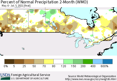Canada Percent of Normal Precipitation 2-Month (WMO) Thematic Map For 5/6/2021 - 7/5/2021