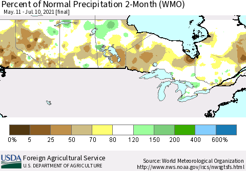 Canada Percent of Normal Precipitation 2-Month (WMO) Thematic Map For 5/11/2021 - 7/10/2021