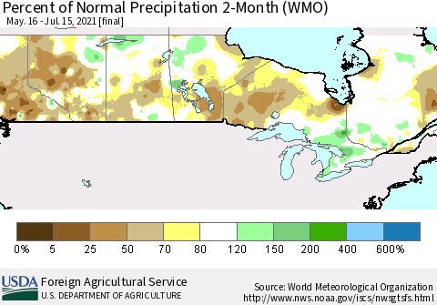 Canada Percent of Normal Precipitation 2-Month (WMO) Thematic Map For 5/16/2021 - 7/15/2021