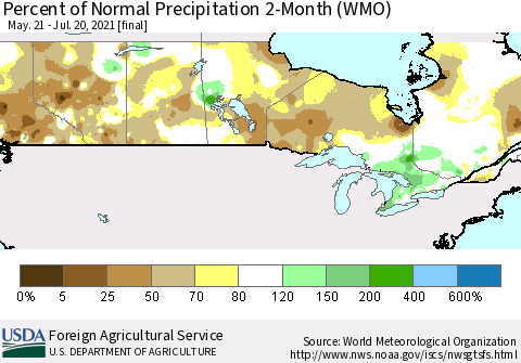 Canada Percent of Normal Precipitation 2-Month (WMO) Thematic Map For 5/21/2021 - 7/20/2021