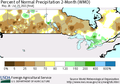 Canada Percent of Normal Precipitation 2-Month (WMO) Thematic Map For 5/26/2021 - 7/25/2021