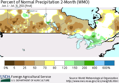 Canada Percent of Normal Precipitation 2-Month (WMO) Thematic Map For 6/1/2021 - 7/31/2021