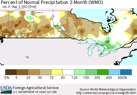 Canada Percent of Normal Precipitation 2-Month (WMO) Thematic Map For 6/6/2021 - 8/5/2021
