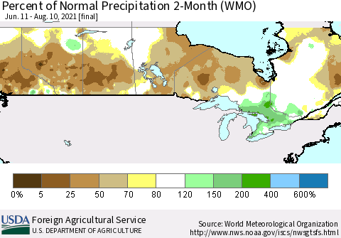 Canada Percent of Normal Precipitation 2-Month (WMO) Thematic Map For 6/11/2021 - 8/10/2021
