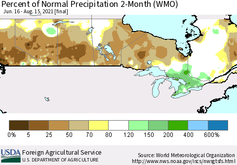 Canada Percent of Normal Precipitation 2-Month (WMO) Thematic Map For 6/16/2021 - 8/15/2021