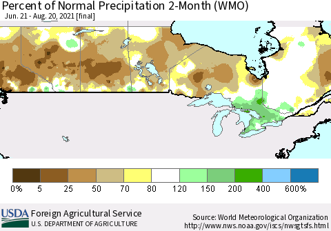 Canada Percent of Normal Precipitation 2-Month (WMO) Thematic Map For 6/21/2021 - 8/20/2021