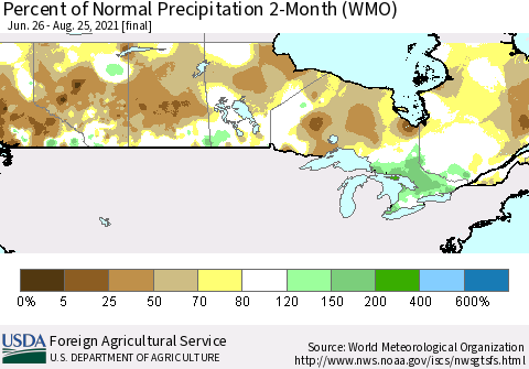 Canada Percent of Normal Precipitation 2-Month (WMO) Thematic Map For 6/26/2021 - 8/25/2021