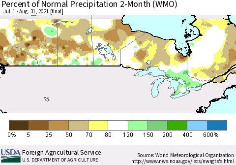 Canada Percent of Normal Precipitation 2-Month (WMO) Thematic Map For 7/1/2021 - 8/31/2021