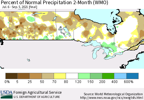 Canada Percent of Normal Precipitation 2-Month (WMO) Thematic Map For 7/6/2021 - 9/5/2021