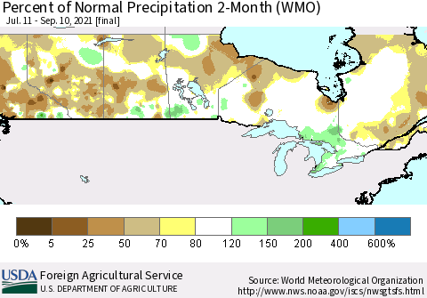 Canada Percent of Normal Precipitation 2-Month (WMO) Thematic Map For 7/11/2021 - 9/10/2021