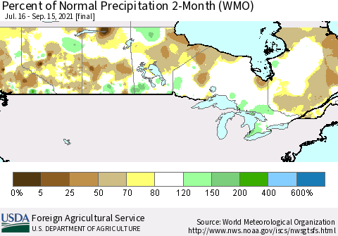 Canada Percent of Normal Precipitation 2-Month (WMO) Thematic Map For 7/16/2021 - 9/15/2021