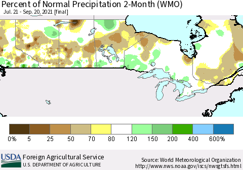 Canada Percent of Normal Precipitation 2-Month (WMO) Thematic Map For 7/21/2021 - 9/20/2021