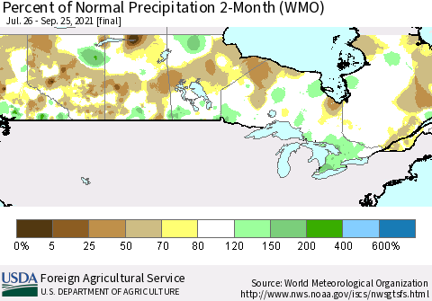 Canada Percent of Normal Precipitation 2-Month (WMO) Thematic Map For 7/26/2021 - 9/25/2021
