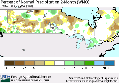 Canada Percent of Normal Precipitation 2-Month (WMO) Thematic Map For 8/1/2021 - 9/30/2021