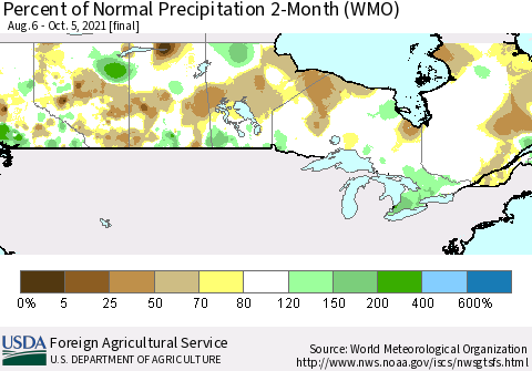 Canada Percent of Normal Precipitation 2-Month (WMO) Thematic Map For 8/6/2021 - 10/5/2021