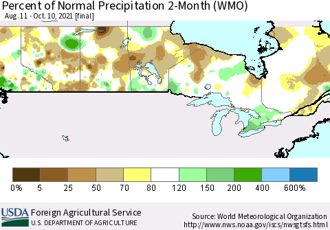 Canada Percent of Normal Precipitation 2-Month (WMO) Thematic Map For 8/11/2021 - 10/10/2021