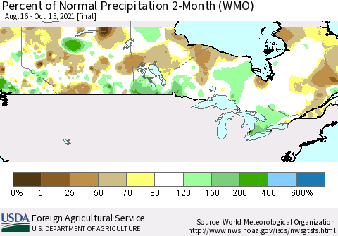 Canada Percent of Normal Precipitation 2-Month (WMO) Thematic Map For 8/16/2021 - 10/15/2021