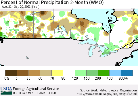 Canada Percent of Normal Precipitation 2-Month (WMO) Thematic Map For 8/21/2021 - 10/20/2021