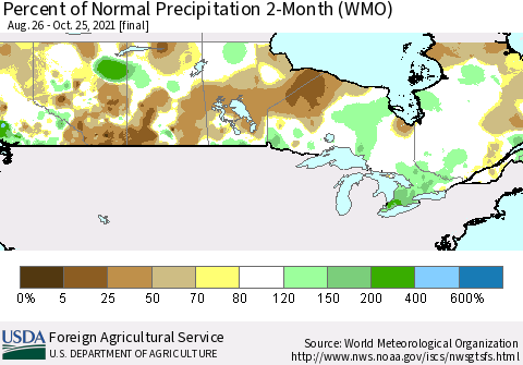 Canada Percent of Normal Precipitation 2-Month (WMO) Thematic Map For 8/26/2021 - 10/25/2021