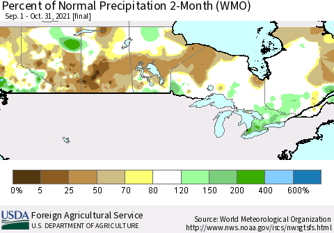 Canada Percent of Normal Precipitation 2-Month (WMO) Thematic Map For 9/1/2021 - 10/31/2021