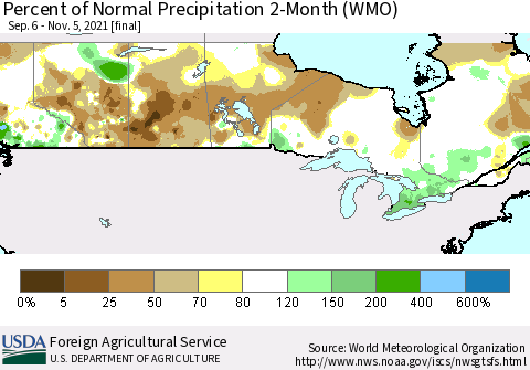 Canada Percent of Normal Precipitation 2-Month (WMO) Thematic Map For 9/6/2021 - 11/5/2021