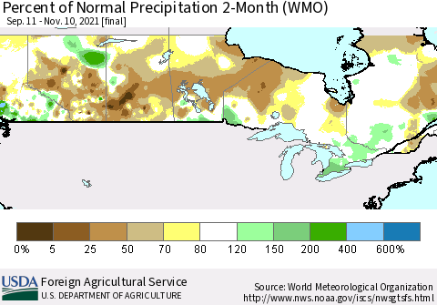 Canada Percent of Normal Precipitation 2-Month (WMO) Thematic Map For 9/11/2021 - 11/10/2021