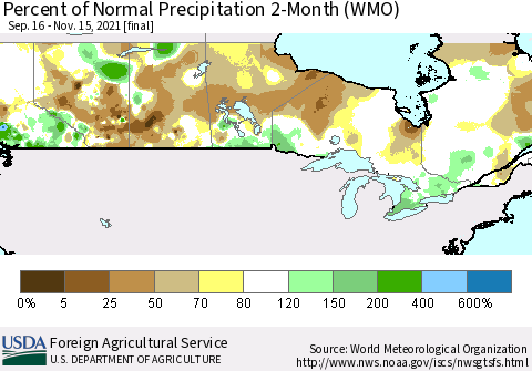 Canada Percent of Normal Precipitation 2-Month (WMO) Thematic Map For 9/16/2021 - 11/15/2021