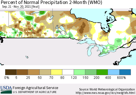 Canada Percent of Normal Precipitation 2-Month (WMO) Thematic Map For 9/21/2021 - 11/20/2021