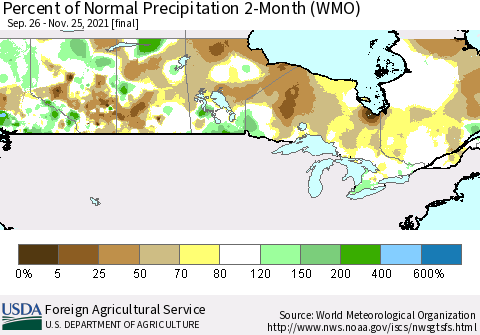 Canada Percent of Normal Precipitation 2-Month (WMO) Thematic Map For 9/26/2021 - 11/25/2021