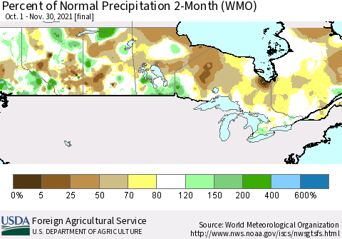 Canada Percent of Normal Precipitation 2-Month (WMO) Thematic Map For 10/1/2021 - 11/30/2021