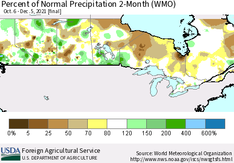 Canada Percent of Normal Precipitation 2-Month (WMO) Thematic Map For 10/6/2021 - 12/5/2021