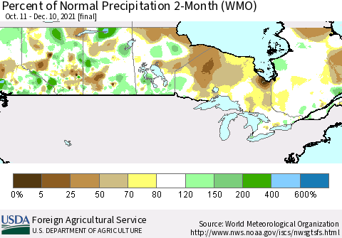 Canada Percent of Normal Precipitation 2-Month (WMO) Thematic Map For 10/11/2021 - 12/10/2021