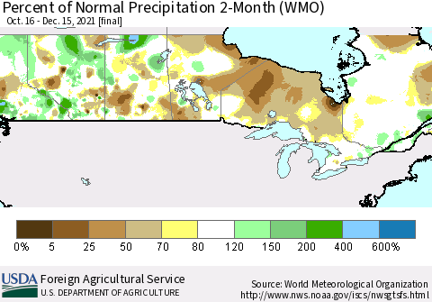 Canada Percent of Normal Precipitation 2-Month (WMO) Thematic Map For 10/16/2021 - 12/15/2021