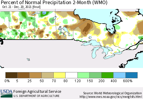 Canada Percent of Normal Precipitation 2-Month (WMO) Thematic Map For 10/21/2021 - 12/20/2021