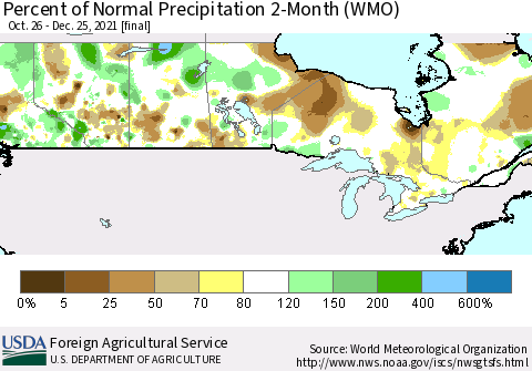 Canada Percent of Normal Precipitation 2-Month (WMO) Thematic Map For 10/26/2021 - 12/25/2021