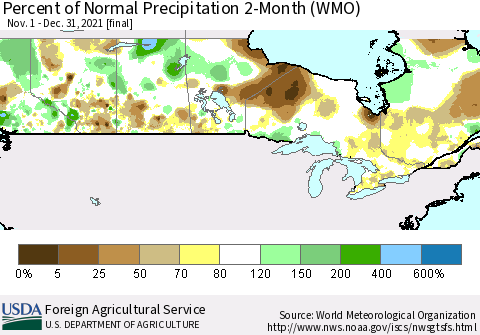 Canada Percent of Normal Precipitation 2-Month (WMO) Thematic Map For 11/1/2021 - 12/31/2021