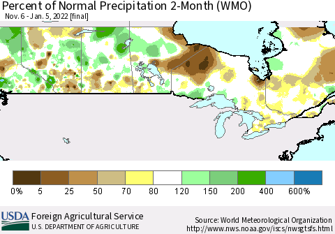 Canada Percent of Normal Precipitation 2-Month (WMO) Thematic Map For 11/6/2021 - 1/5/2022