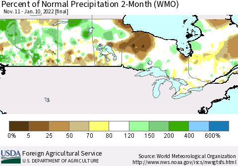 Canada Percent of Normal Precipitation 2-Month (WMO) Thematic Map For 11/11/2021 - 1/10/2022