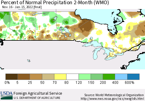 Canada Percent of Normal Precipitation 2-Month (WMO) Thematic Map For 11/16/2021 - 1/15/2022