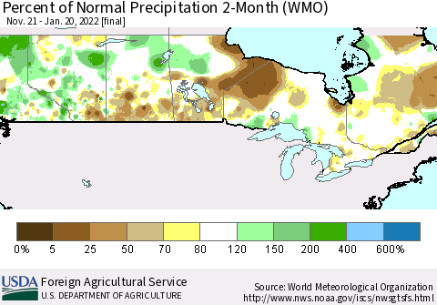 Canada Percent of Normal Precipitation 2-Month (WMO) Thematic Map For 11/21/2021 - 1/20/2022