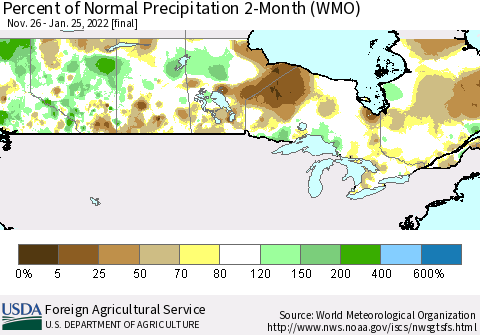 Canada Percent of Normal Precipitation 2-Month (WMO) Thematic Map For 11/26/2021 - 1/25/2022