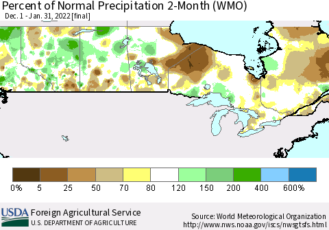 Canada Percent of Normal Precipitation 2-Month (WMO) Thematic Map For 12/1/2021 - 1/31/2022