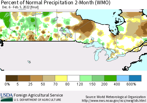 Canada Percent of Normal Precipitation 2-Month (WMO) Thematic Map For 12/6/2021 - 2/5/2022