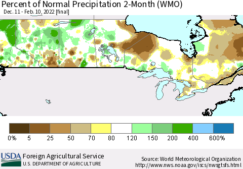 Canada Percent of Normal Precipitation 2-Month (WMO) Thematic Map For 12/11/2021 - 2/10/2022