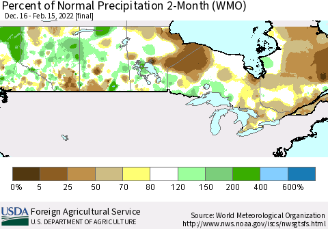 Canada Percent of Normal Precipitation 2-Month (WMO) Thematic Map For 12/16/2021 - 2/15/2022
