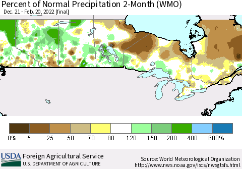 Canada Percent of Normal Precipitation 2-Month (WMO) Thematic Map For 12/21/2021 - 2/20/2022