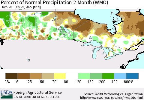 Canada Percent of Normal Precipitation 2-Month (WMO) Thematic Map For 12/26/2021 - 2/25/2022