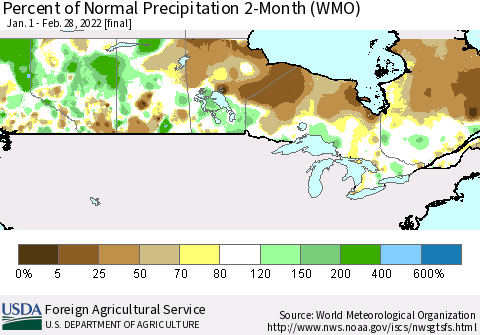 Canada Percent of Normal Precipitation 2-Month (WMO) Thematic Map For 1/1/2022 - 2/28/2022