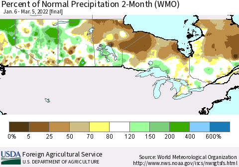 Canada Percent of Normal Precipitation 2-Month (WMO) Thematic Map For 1/6/2022 - 3/5/2022