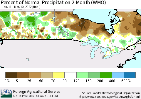 Canada Percent of Normal Precipitation 2-Month (WMO) Thematic Map For 1/11/2022 - 3/10/2022